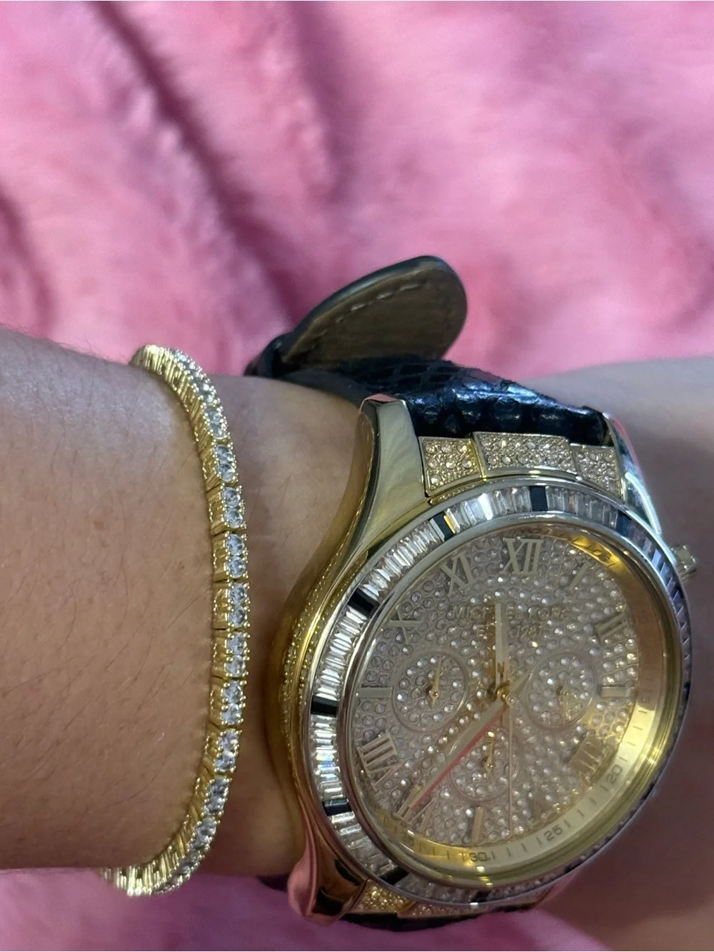 Michael Kors Gold Crystal Dial Unisex Watch with Black Leather Strap